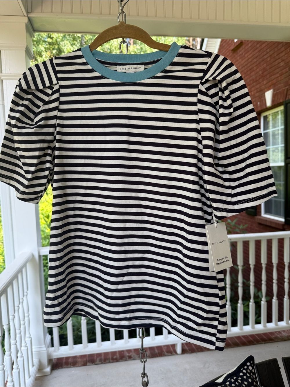 Free Assembly Black & White Striped Puff-Sleeve Top with Blue Trim